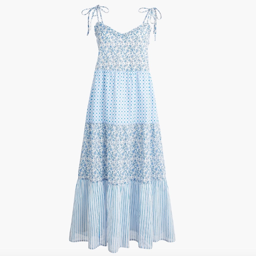 J. Crew - Tiered Sundress Blue Floral Cotton Mixed Pattern Cover Up Dress - 3x